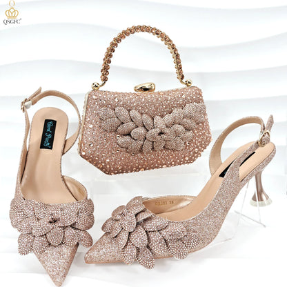 Nigerian Banquet Shoes and Bags African Fashion Peach Ladies Matching Shoes and Bags Pointed Toe High Heels Wedding Party