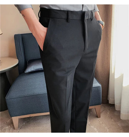 Autumn Mens Fashion Embroidered Trousers Korean Business Dress Solid Suit Pant Formal Office Social Slim Fit Casual Suit Pants