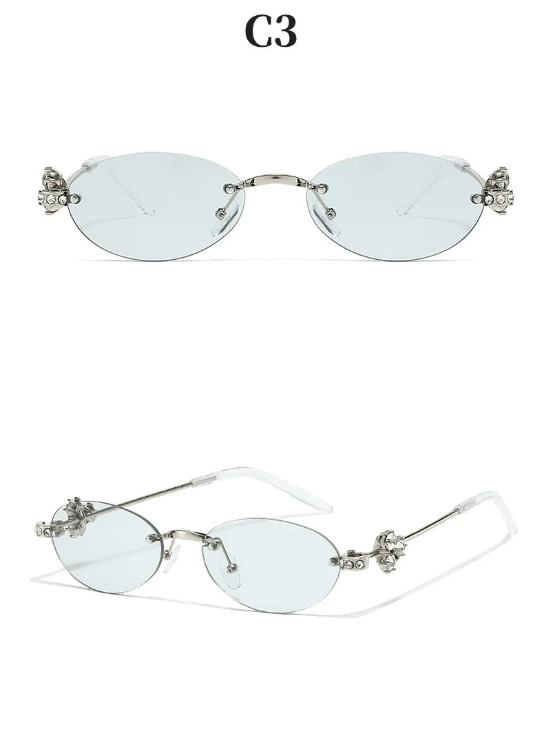 Women's Fashion Glasses Exquisite Diamond Decoration Sunglasses Oval Shaped Frame Cut Edge Frameless Small Outdoor Sun Glasses