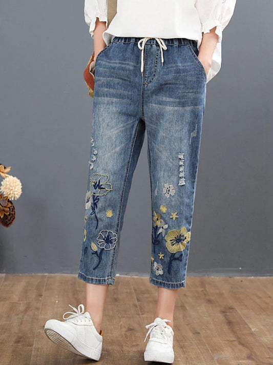 Chinese Summer Fashion Style Ladies Vintage Embroidery Jeans Womens Casual Floral Denim Trousers Ripped Harem Pants