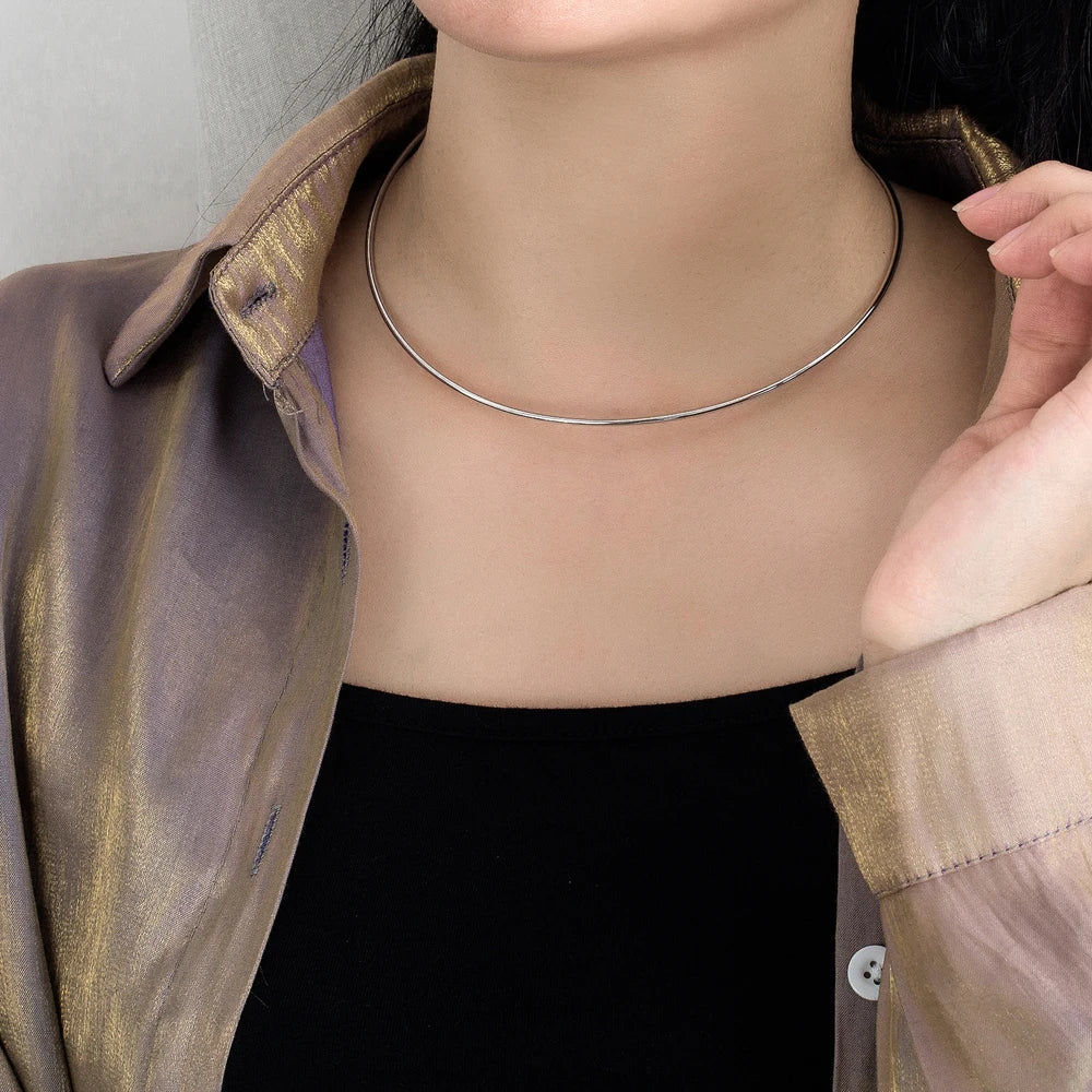 Vintage Simple 925 Sterling Silver Necklace Geometric Choker Shiny And Delicate Collarbone Chain For Women's Golden Jewellery