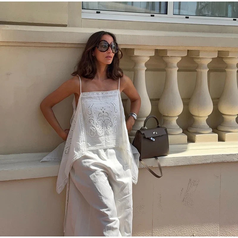 Thin Strap Square Neck Hollow Embroidery Women Cami Top Back Self Tie String Irregular Asymmetrical Lace Hem Loose Cropped Tank