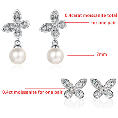 Butterfly Moissanite Diamond Drop Earrings with 8mm Freshwater Pearl 925 Sterling Silver Stud Earring for Women Fine Jewelry
