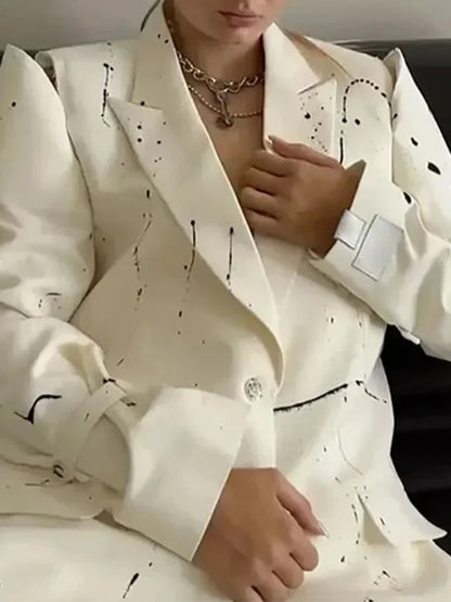 Ink Splashing Print Fashion Blazer for Women Notched Collar Long Sleeve Hollow Out Design Loose Coat Female Autumn