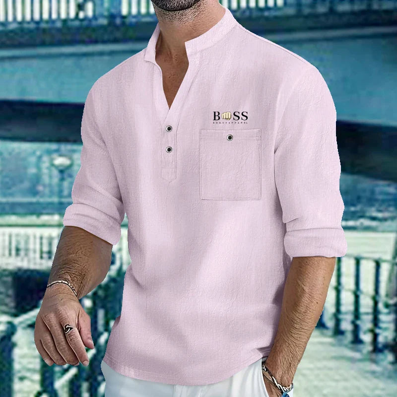 Men Mandarin Collar Long Sleeve Henley Cotton Linen Shirt Chest Pocket Breathable Beach Travel Daily Casual V Neck Top