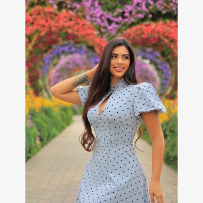 Retro Polka Dot Mini A-line Dress Elegant Stand Collar Puff Short Sleeve Waist-cinching Dresses 2026 New Lady Party Gowns