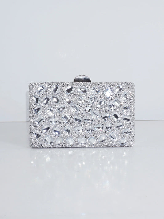 Ladies' high-end sparkling metal box shaped dinner bag, luxurious and fashionable metal strip decoration evening dress bag