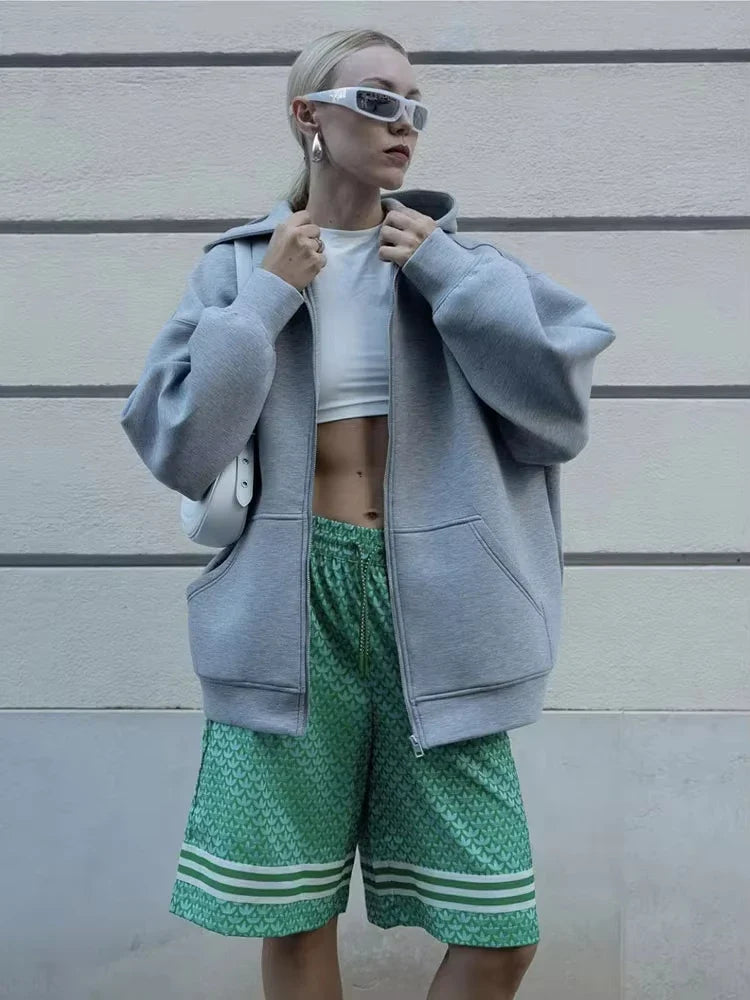 Autumn Women Casual Hooded Jacket Loose Oversize Zipper Hoodie Sweatshirts Solid Coat Office Lady Chic Outwear Tops