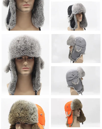 Sports Winter Fashion Trapper Hats Men Thick real Rex Rabbit Fur Bomber Cap with Warm Snow Ear Flap Hiking Hats for Outdoor