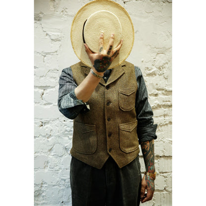 Men's British Casual Suit Vest Herringbone Tweed Vest Notch Lapel Business Dress Waistcoat