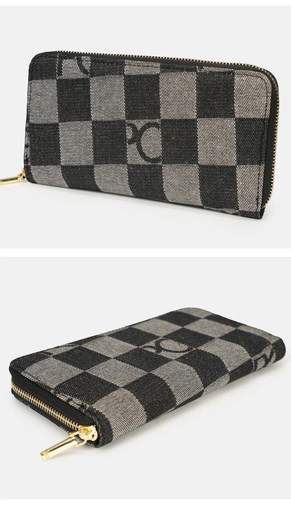 Women Handbag Chessboard Pattern Long Wear Resistant Denim Retro Large Capacity Multi Card Niche Luxury Versatile Wallet