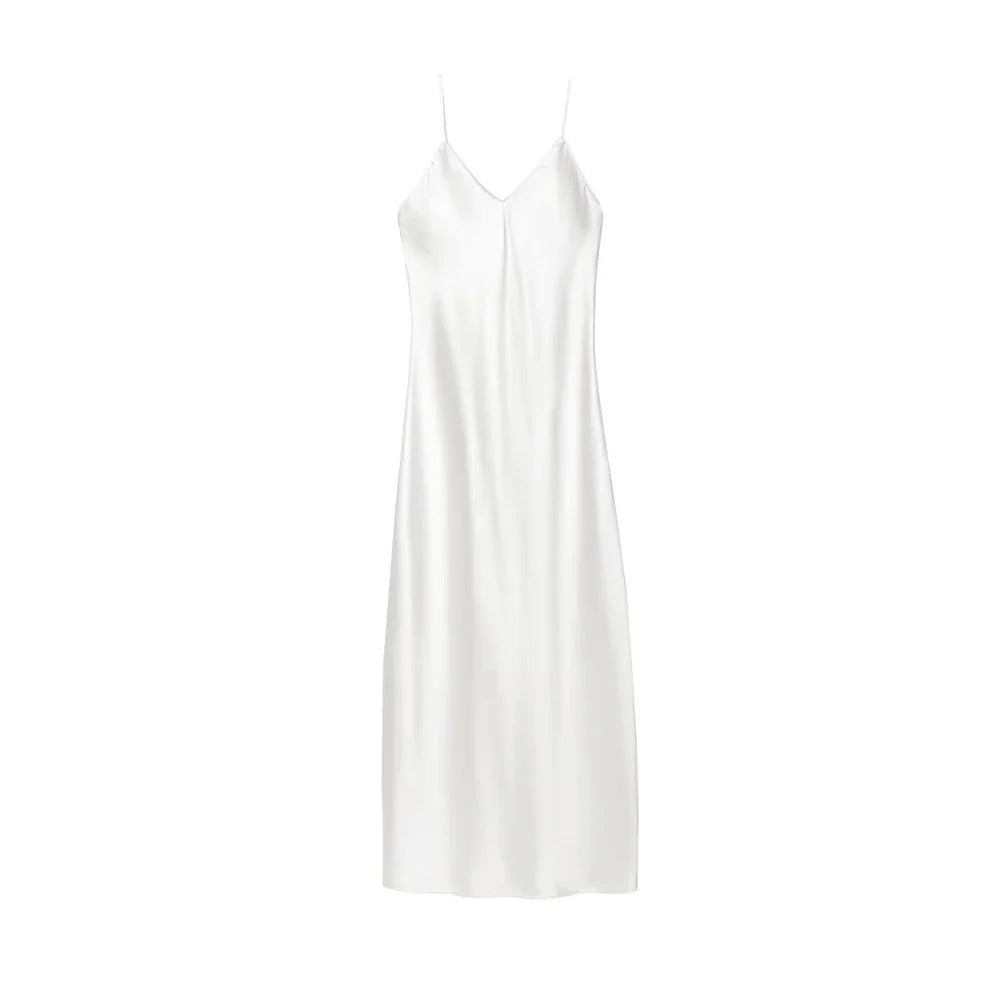 Women's Satin Midi Dress, V Neck, Thin Straps, Backless, Female Dresses, Sexy Fashion