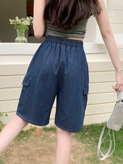 2026 Summer New Women's Denim Shorts Straight Trendy Loose Versatile Dad Shorts Thin Japanese Style Knee-length Pants