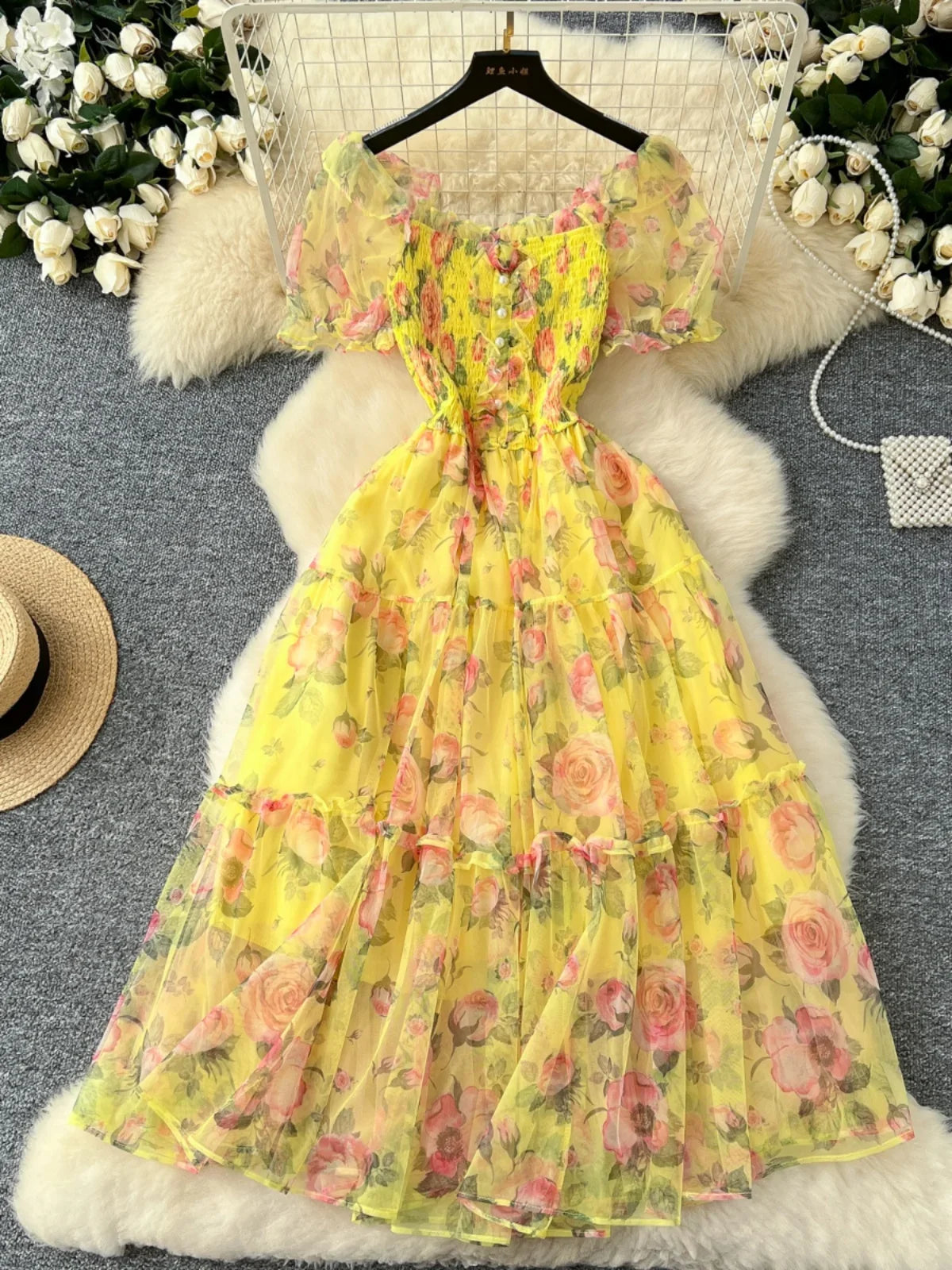 Retro Floral Chiffon Dr Women's Waist Cinched Bubble Sve Me Skirt Tea Break Gentle Soft Sle Korean High Waist A-Lin...
