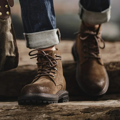 Men's Vintage Split Suede Boots Brown High-Top Work Boots Lace-Up Desert Ankle Rugged Sole Boots Outdoor Winter Fall Shoes