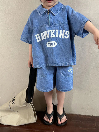 Summer Baby Girls Boys Cotton Alphabet Half Zip Denim T-Shirt Tops+Shorts Pant School Kids Tracksuit Child 2PCS Outfit 1-12Years