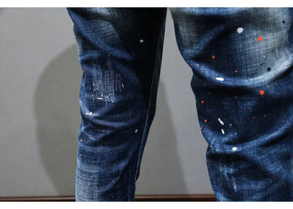 Fashion Designer Men Jeans Retro Blue Stretch Slim Fit Painted Ripped Jeans Men Korean Style Vintage Casual Denim Pants Hombre