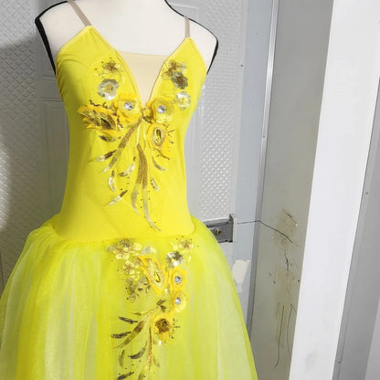 Long Ballet Tutu Skirts Flower Lace Dress Performance Costumes Princess Dance Practice Romantic Dress