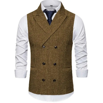 Men Vest Brown Herringbone Double Breasted Buckle Solid Business Casual Waistcoat Regular Slim Banquet Men Suit Vest