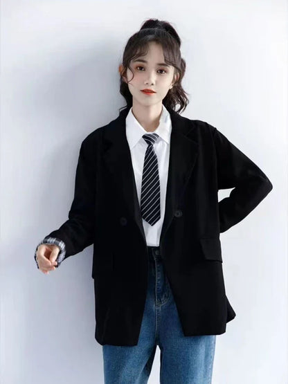 Petite Women's Spring Autumn Black Rolled Cuffs Blazer New Arrival Loose Vintage Casual Plaid Korean Style Chic Suit Jacket