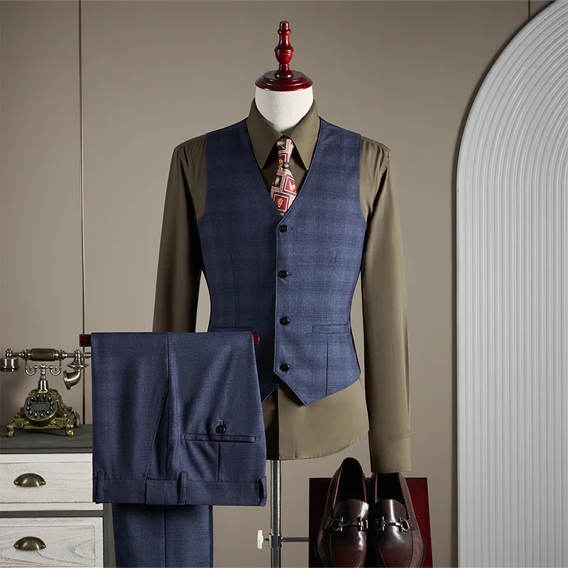 High-quality, Fashionable and Stylish Wedding Casual Checkered Suit Set, Men's Business Casual Suit Three-piece Set
