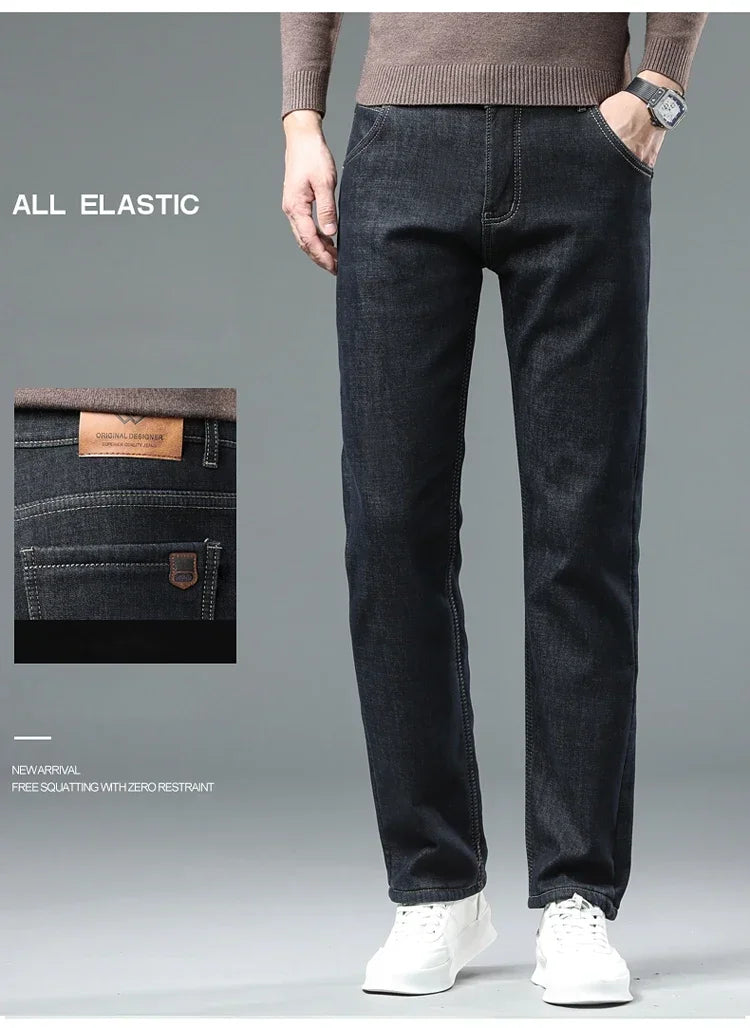 Winter Warm Fleece Jeans Men 2023 Straight Stretch Thick Casual Thermal Denim Pants Male Business Work Trousers New Men Clothing