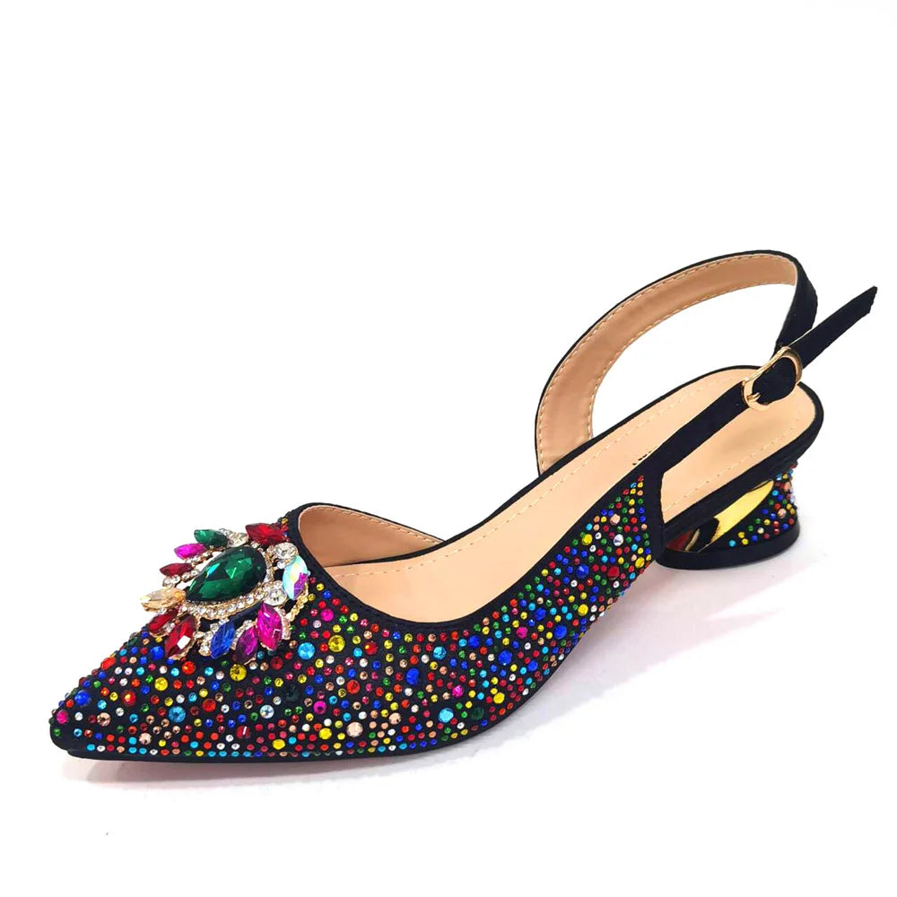Royal Blue Sandals for Women 2024 Luxury Wedding Pumps Med Heels Rhinestone Design Party Shoes and Bags Set