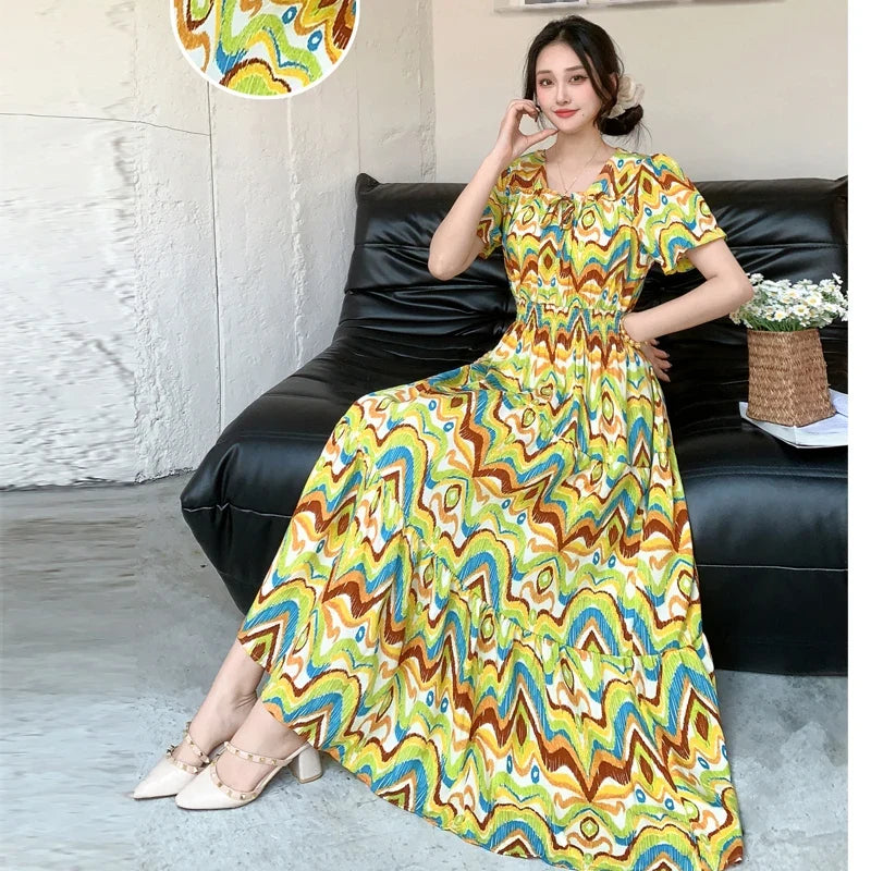 Summer New Cotton Silk Floral Print Maxi Dr ort Sve Beachwear High Waist Young Women's Large Skirt Swing Dr