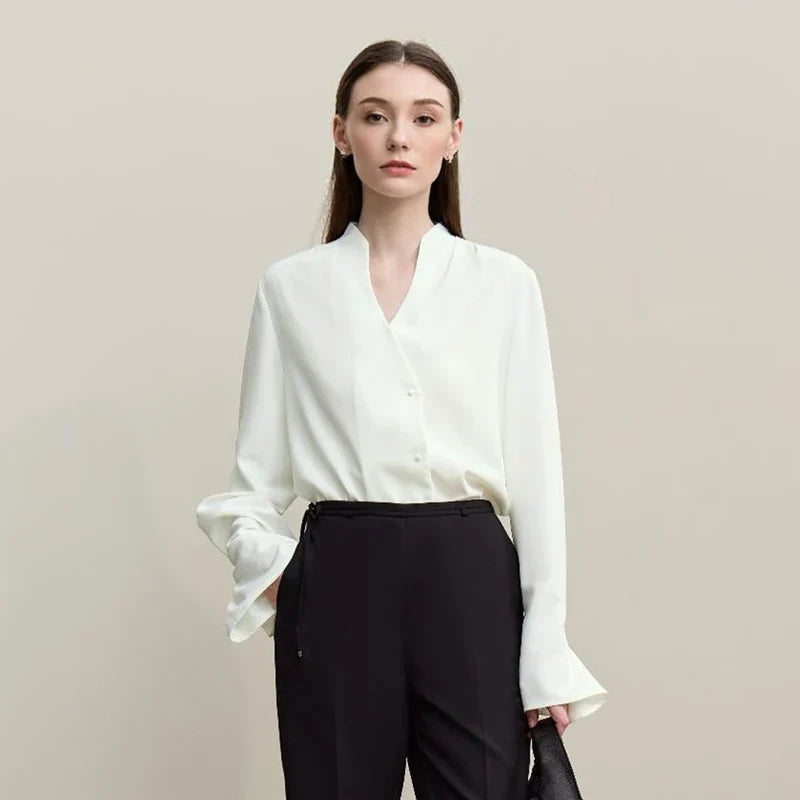 Elegant Women's Blouse 2026 Autumn New V-Neck Pleated Flared Sleeve Chiffon Shirt Women's Loose Long Sleeve Top 12641070