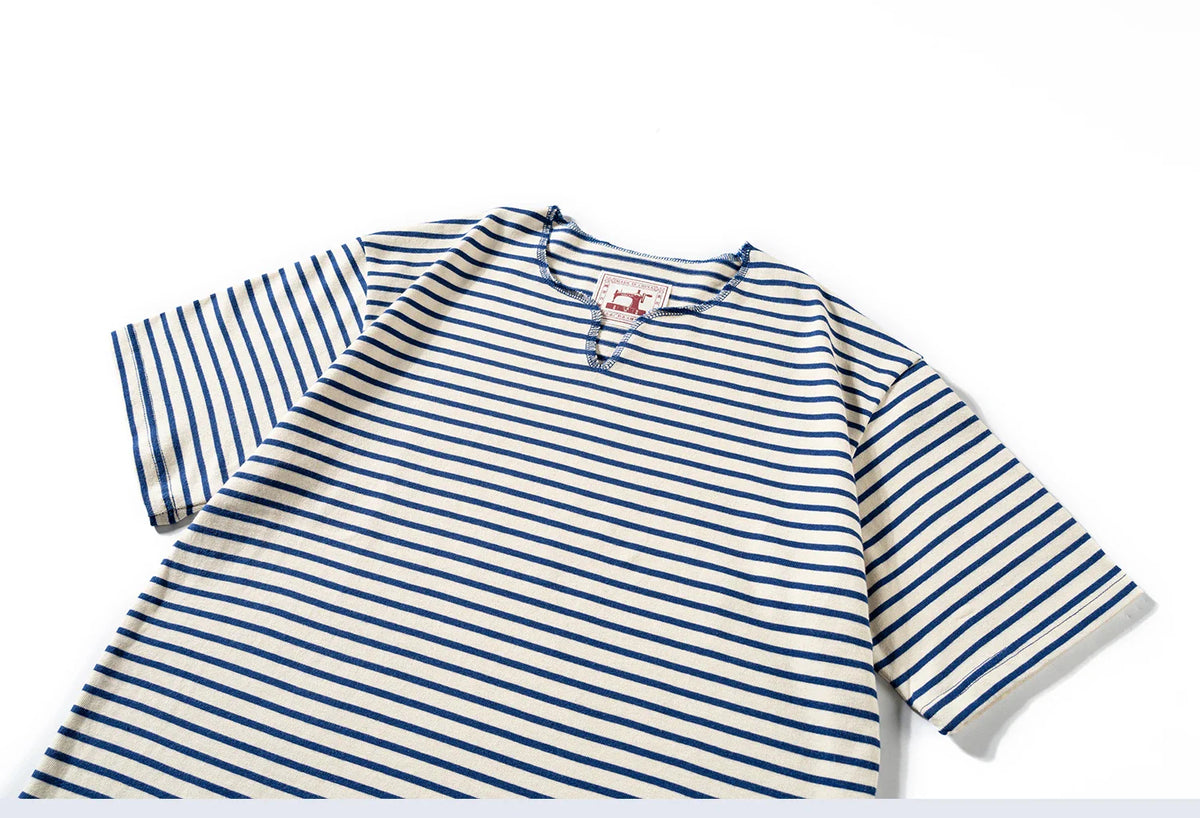 Summer men's pure cotton T-shirt, retro striped V-neck T-shirt from the United States, fashionable and versatile casual style