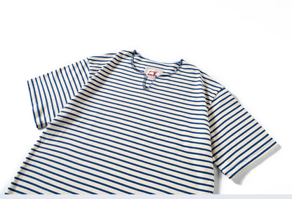 Summer men's pure cotton T-shirt, retro striped V-neck T-shirt from the United States, fashionable and versatile casual style
