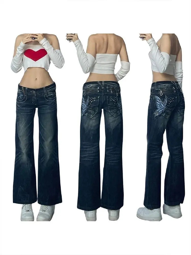 Embroidered Women Jeans Y2K Millennium Harajuku Slim Flared Jeans American Fashion High Street Large Size Butterfly