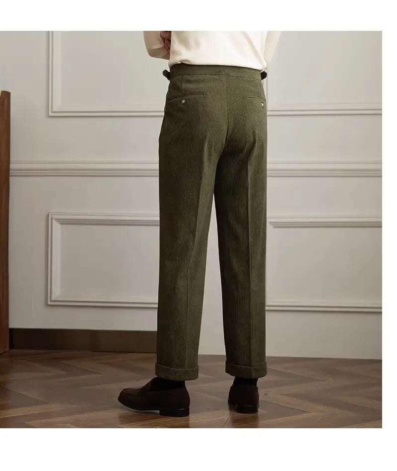 Classics Italian Naples Style Men's Suit Corduroy Pants Men High Waist Straight Work Formal British Business Brand Trousers Male