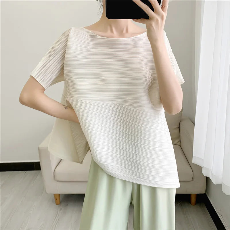 Miyake Irregular Short Sleeve Pleated Top Simple Loose Plus Size with Stretch T-Shirt Vacation Office Clothing Polyester Crepe