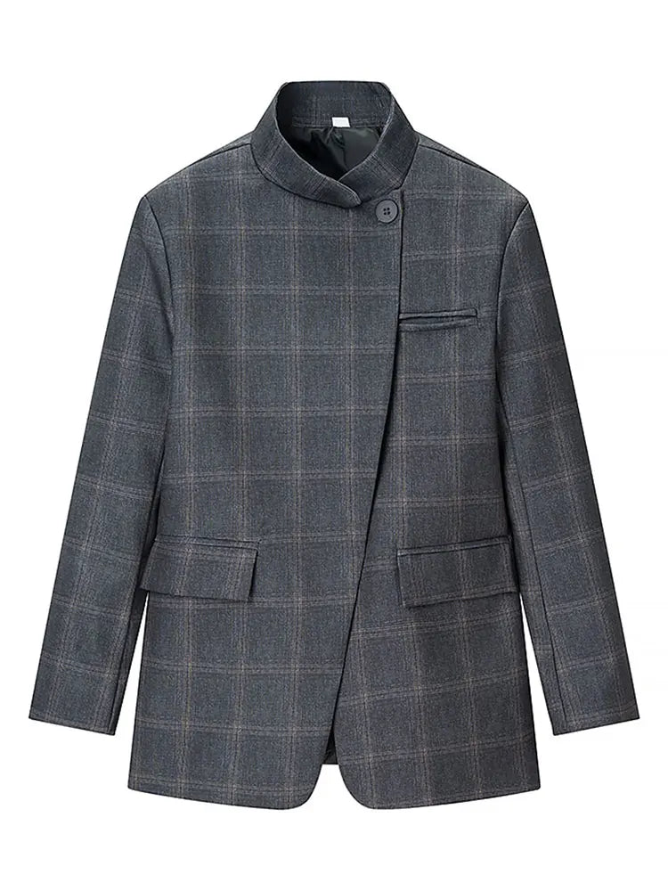 Women Casual Asymmetrical Dark Grey Blazer One Button Long Sleeve Jacket Coats 2026 Trend Vintage Solid Office Blazers