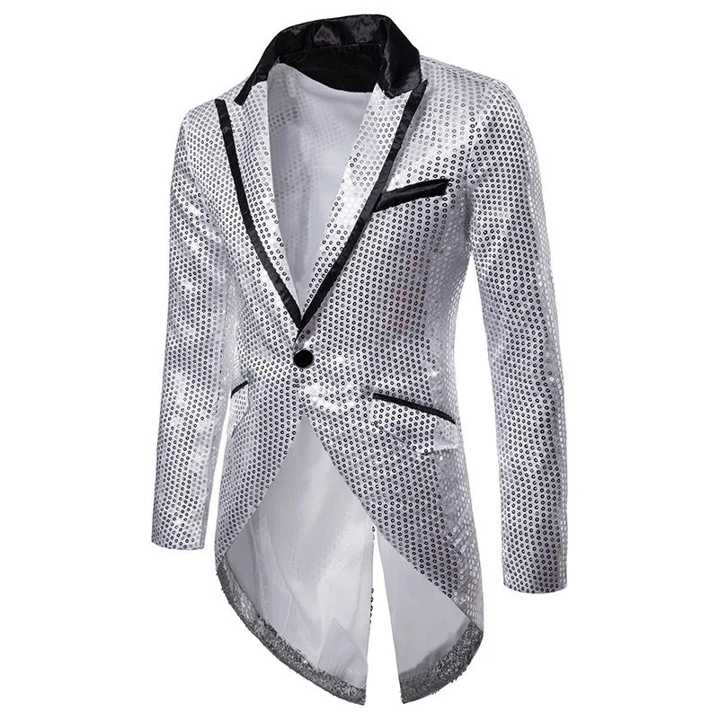2026 Men's Gold V-Neck Long Sleeve Tuxedo, TV Performance Magic Long Jacket Shiny Sequin Decoration Red Blue Black Blazer S-XXL