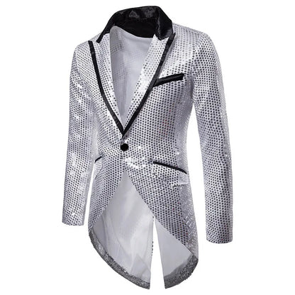 2026 Men's Gold V-Neck Long Sleeve Tuxedo, TV Performance Magic Long Jacket Shiny Sequin Decoration Red Blue Black Blazer S-XXL