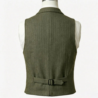 Men Vest Army Green Herringbone Single Button With Lapel Waistcoat For Wedding Business Office Work Daily Casual Men Suit Vest