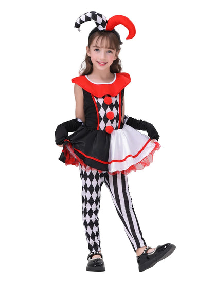 Girls Poker Pattern Jester Clown Cosplay Dress Outfit Kids Halloween Carnival Party Costume