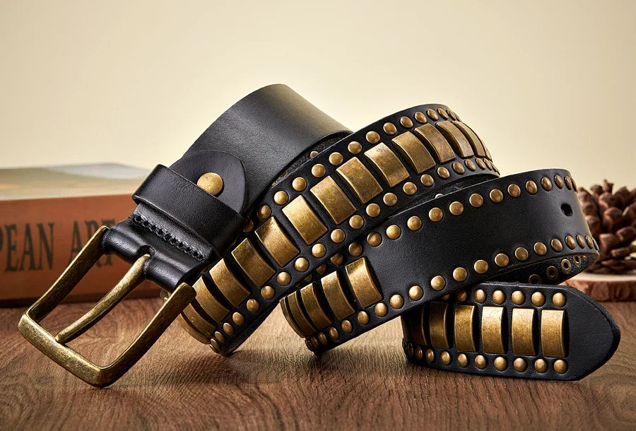 Punk Rock Belts Geometry Pattern for Men for Women Rivet Studded Belts First Layer of Cowskin Hip Pop Decorative Belts