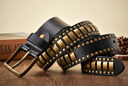 Punk Rock Belts Geometry Pattern for Men for Women Rivet Studded Belts First Layer of Cowskin Hip Pop Decorative Belts