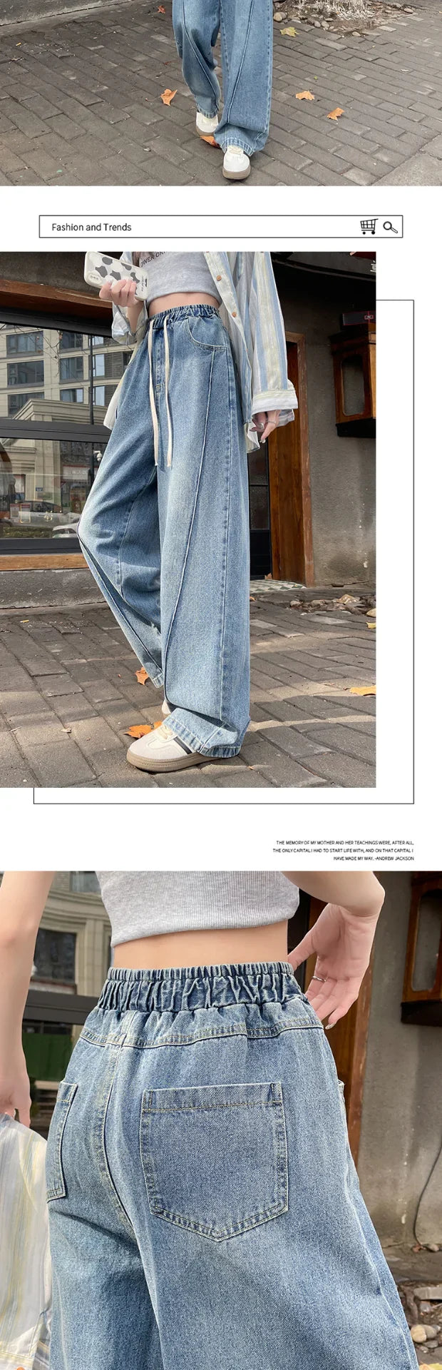 High Waist Wide Leg Jeans Women's Loose Fit Dstring Elastic Waist Long Trousers Blue Denim Spring Season Faion plus Size