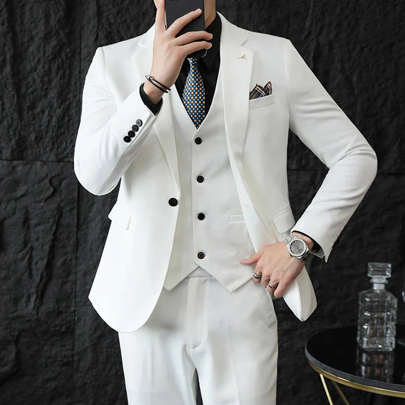 S-7XL Jacket Vest Pants Luxury Elasticity Boutique Fashion Men's Solid Color Casual Business Suit 3-piece Sets Groom Wedding