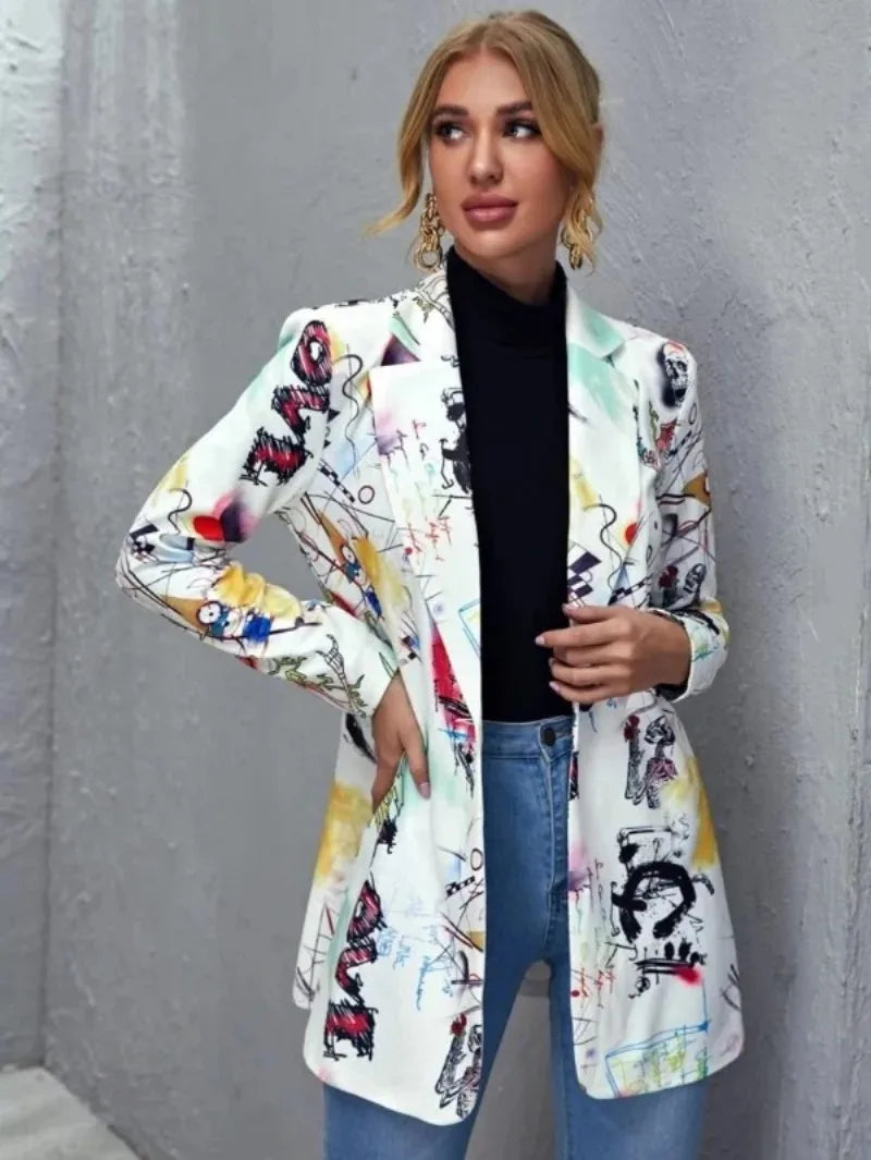 Elegant and Youth Blazer Spring Fashion Vintage Irregular Print Casual Woman Clothing High Street Lapel Blazer Woman Outerwears
