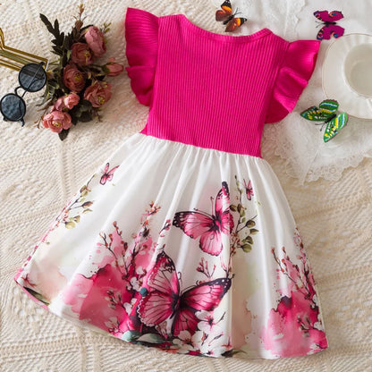 Summer New Girl's Butterfly Printed Dress 3-7Y Flying Sleeves Children's Cute Casual Dresses Girls Fashion Clothing