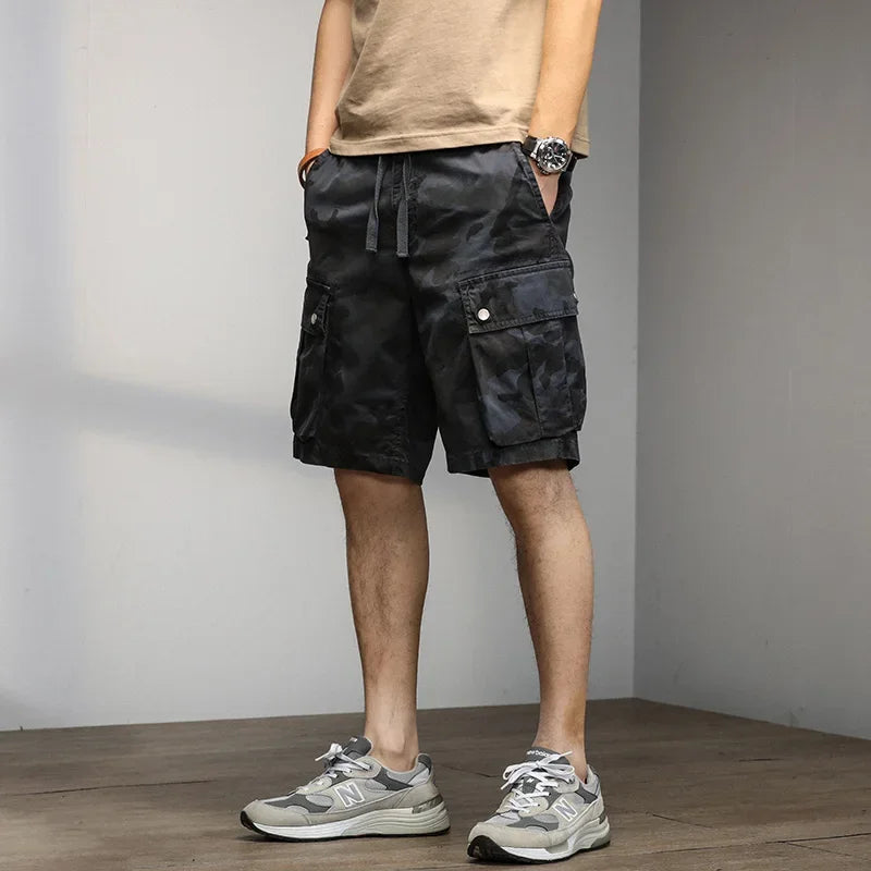 2024 Men's Shorts Camouflage Grey Summer Casual Elastic Waist Knee Length Camo Cargo Short Men Stretch Drawstring Cotton Bermuda