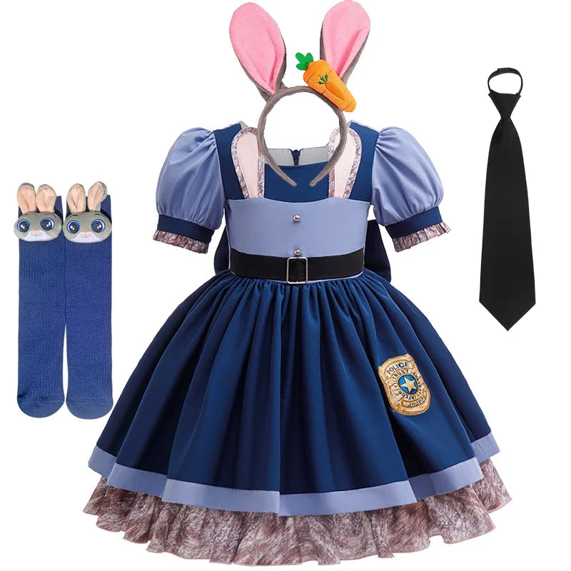 Girls Judy Bunny Police Officer Dress Disney Zootopia 2 Bunny Costume for Kids Cosplay Dress With Accessories Fancy Outfits