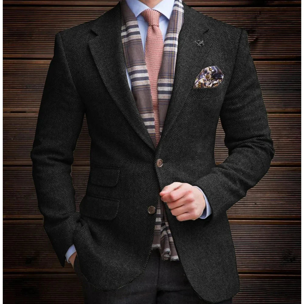 High Quality Men's Vintage Herringbone Tweed Blazer Wool Blend Single Breasted Lightweight Casual Sport Coat Formal Jacket