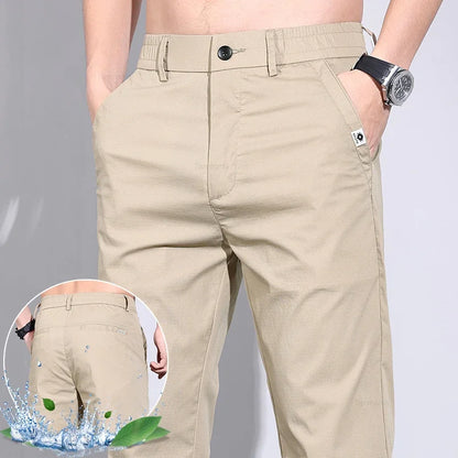 Ultra-thin Elastic Men's Casual Pants 2024 Summer Ice Silk Cotton Fashion Slim Straight Business Trousers Black Gray Khaki