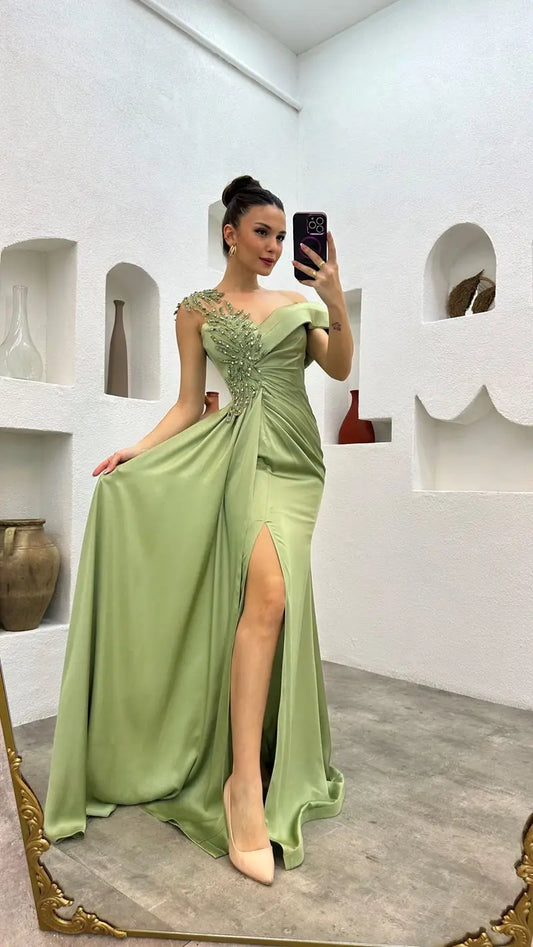 Satin Mermaid Evening Dresses Beading Lace  Saudi Arabic Prom Gowns Floor Length Formal Occasion Dress 2024 Customized
